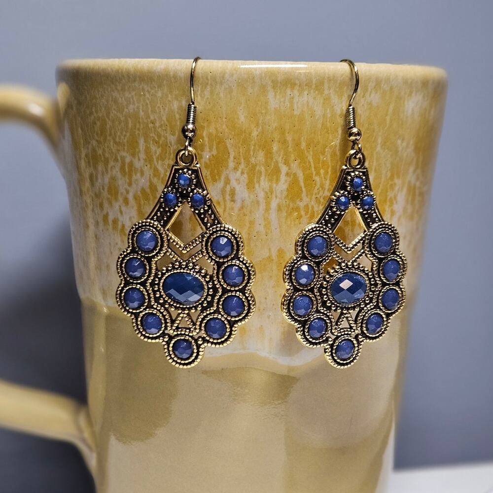 Fashion Jewelry Gold-Tone Faux Faceted Blue Stone Earrings ~ Arabian Nights Vibe